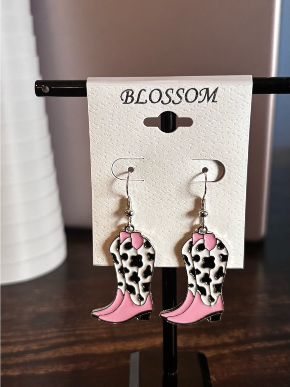 Blossom Pink & Black Cowprint Cowboy Boot Earrings